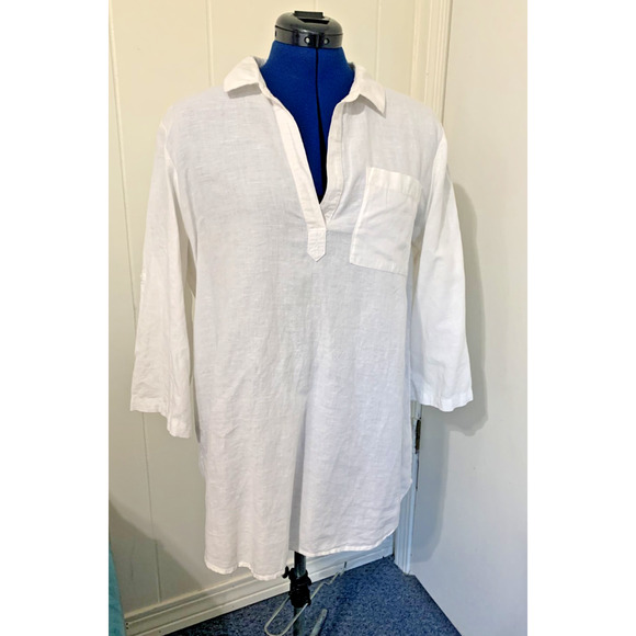 West Tops - ST TROPEZ WEST Linen Blend White 3/4 Sleeve Popover Tunic Blouse Women's L Vacay